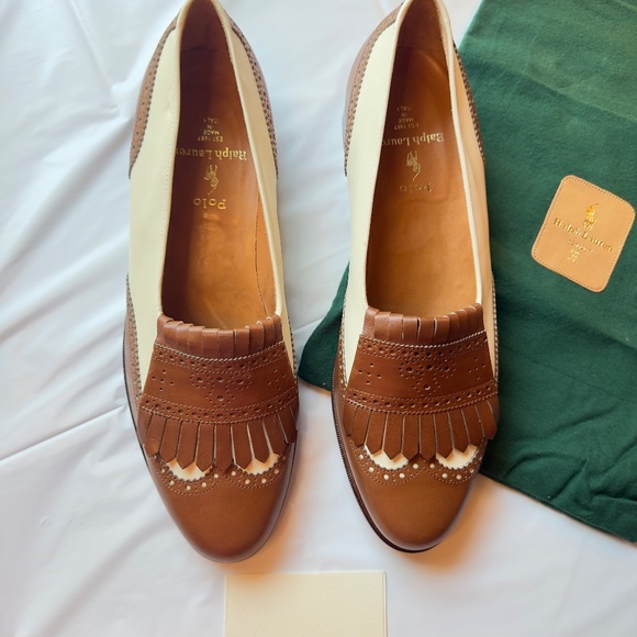 Men's Polo Ralph Lauren Brown and White Oxfords Loafers Size 11D Made in Italy - Picture 2 of 8